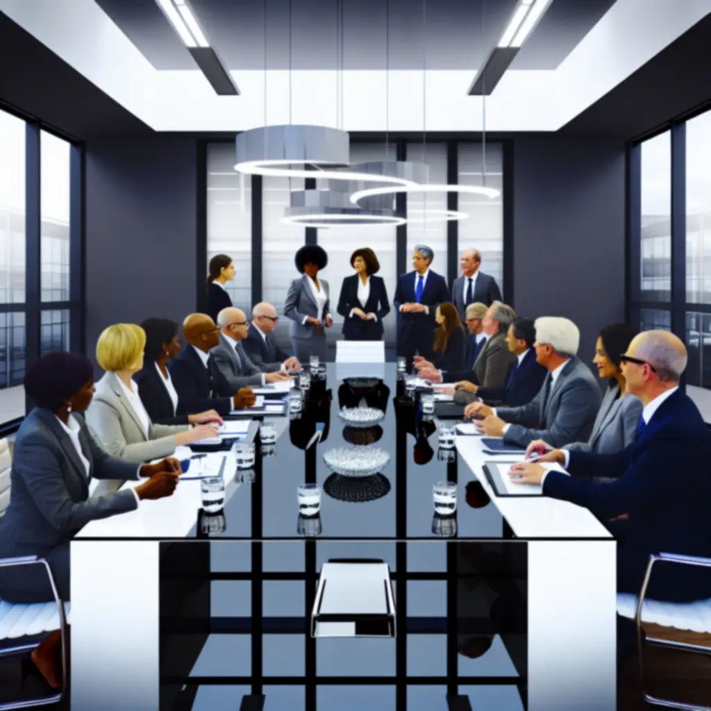 Consultants facilitating a leadership workshop with senior executives around a boardroom table