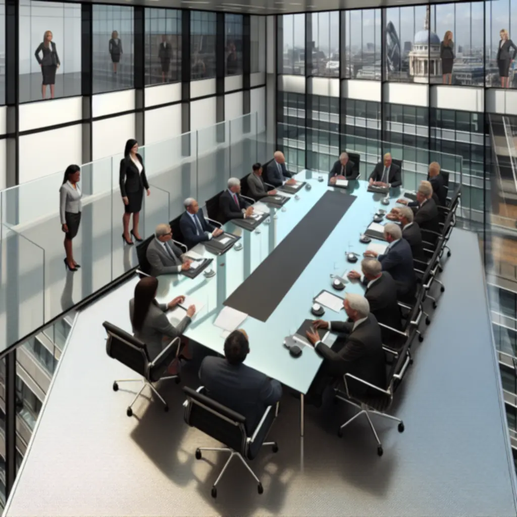 Senior leaders in a modern boardroom discussing organisational transformation.
