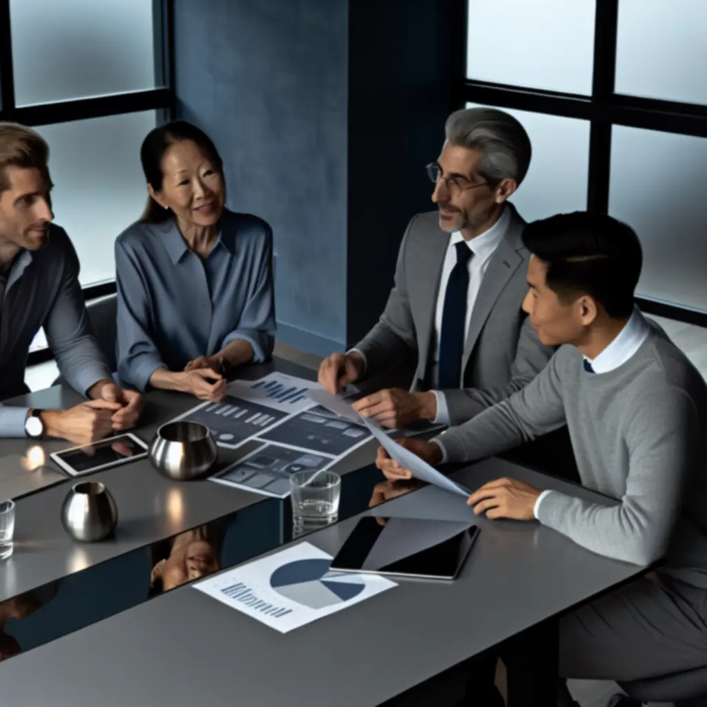 Contemporary office space with executives collaborating around a desk and glass-fronted meeting rooms.