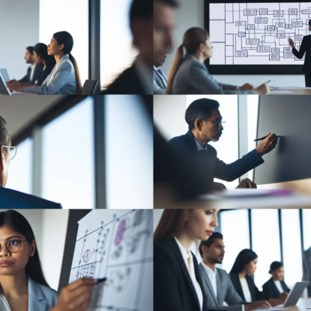 Consultants leading a process-mapping workshop using sticky notes and diagrams on a glass wall