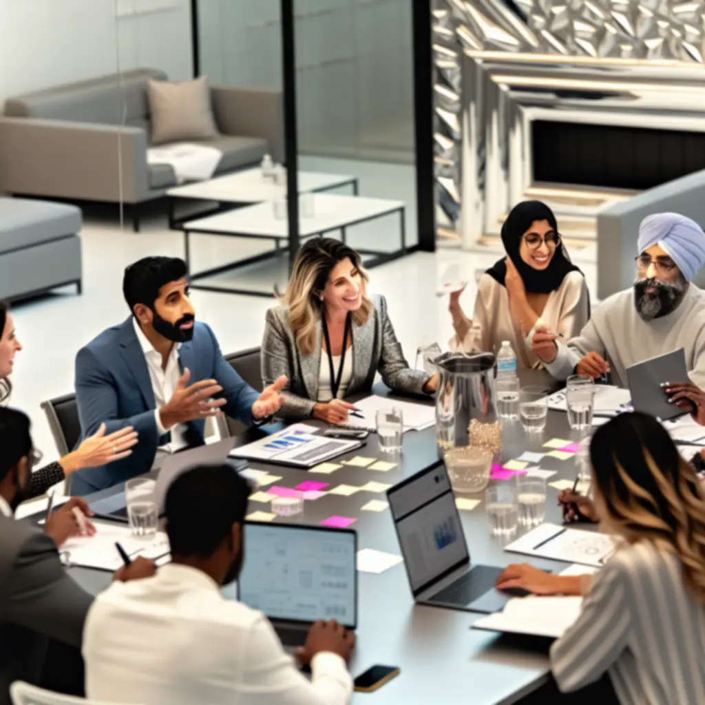 Consultants and client leaders collaborating in a strategy workshop focused on sector-specific transformation